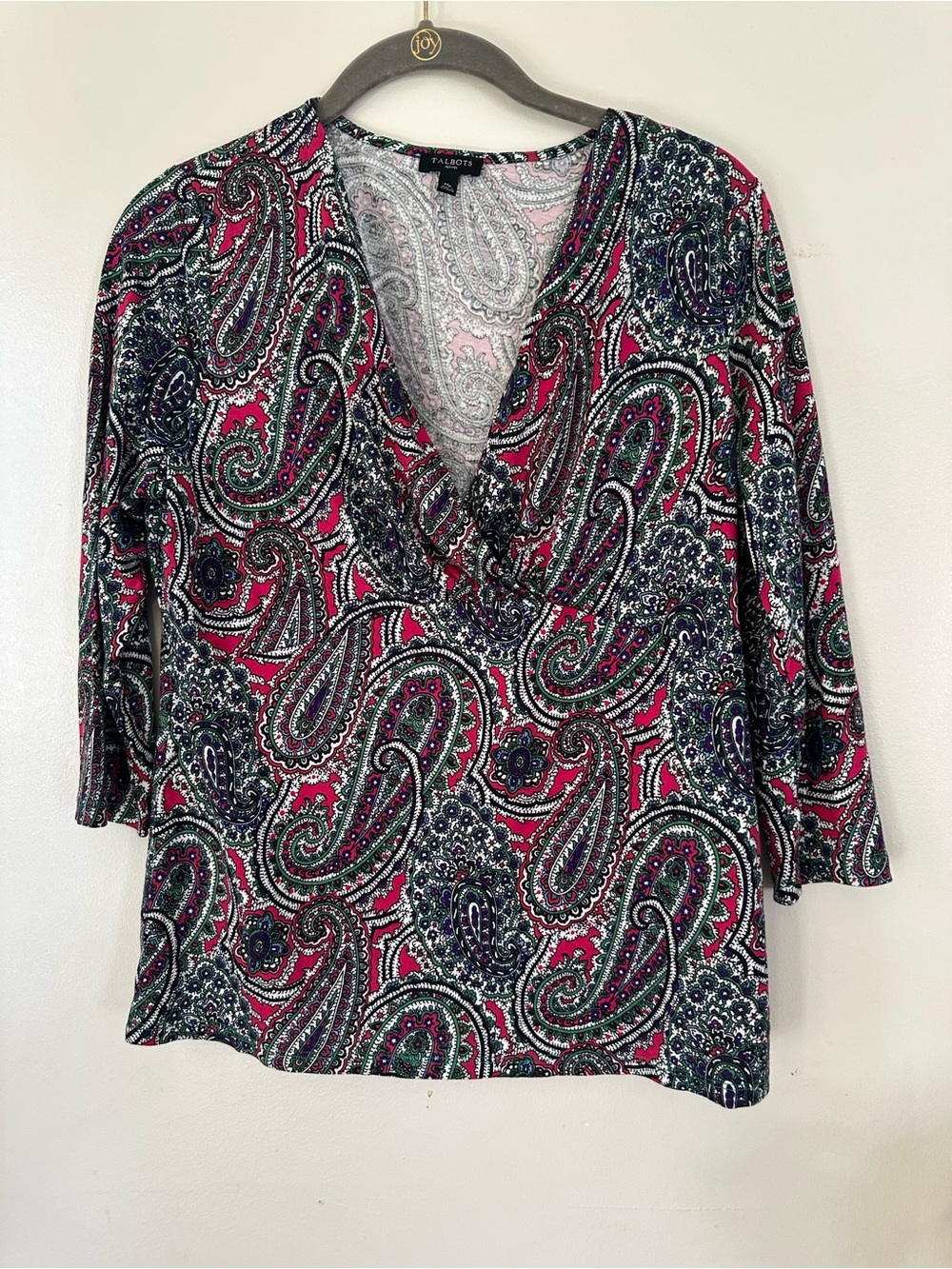 Talbots V-Neck Paisley Print 3/4 Sleeve Shirt Petites Medium Rayon/Lyocell Blend